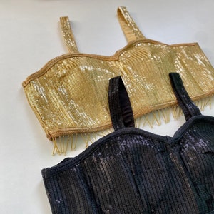Gold, Black Sequins Saree Blouse in Spaghetti Strap & Dangling Tube Beads| Designer Bollywood Blouses