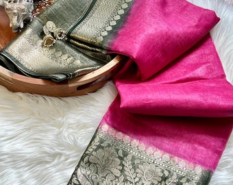 Pink Linen Silk Saree | Banarasi Jacquard, Gold Zari Border