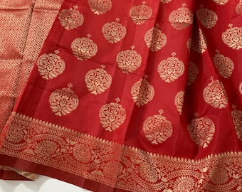 Red Banarasi Semi Silk Saree | Woven Gold Zari Buttas