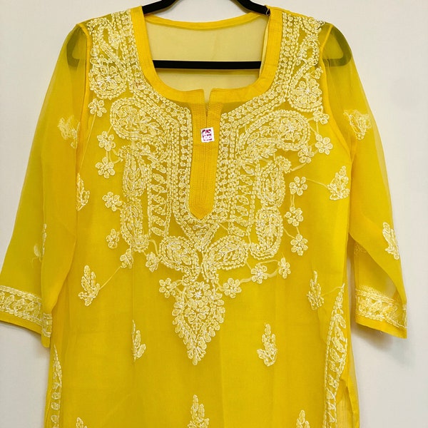 Soft Georgette Lucknowi Chikankari Handwork Kurta in Yellow| Ethnic Indian, Pakistani Tunics| Party Wear Kurtas| Casual Kurtas