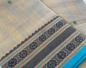 Chettinad Cotton Saree | Blue-Grey, Black Threadwork Border