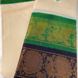 Pure Handloom Madurai Sungudi Cotton Double Border Saree in Cream Body w/Green & Black Gold Zari BorderFestive Party WearSouth Indian Sari image 1