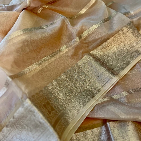 Light Peach Banarasi Semi Organza Silk Saree with muted antique gold zari| Party wear saree| Festive wear sari| Indian sarees