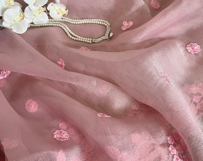 Pastel Pink Organza Saree With Embroidered Floral Work Pearl Beads