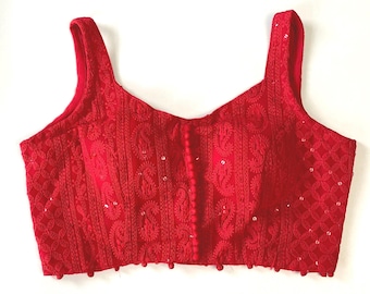 Camicetta ricamata in Georgette Chikankari / Top corto Saree senza maniche