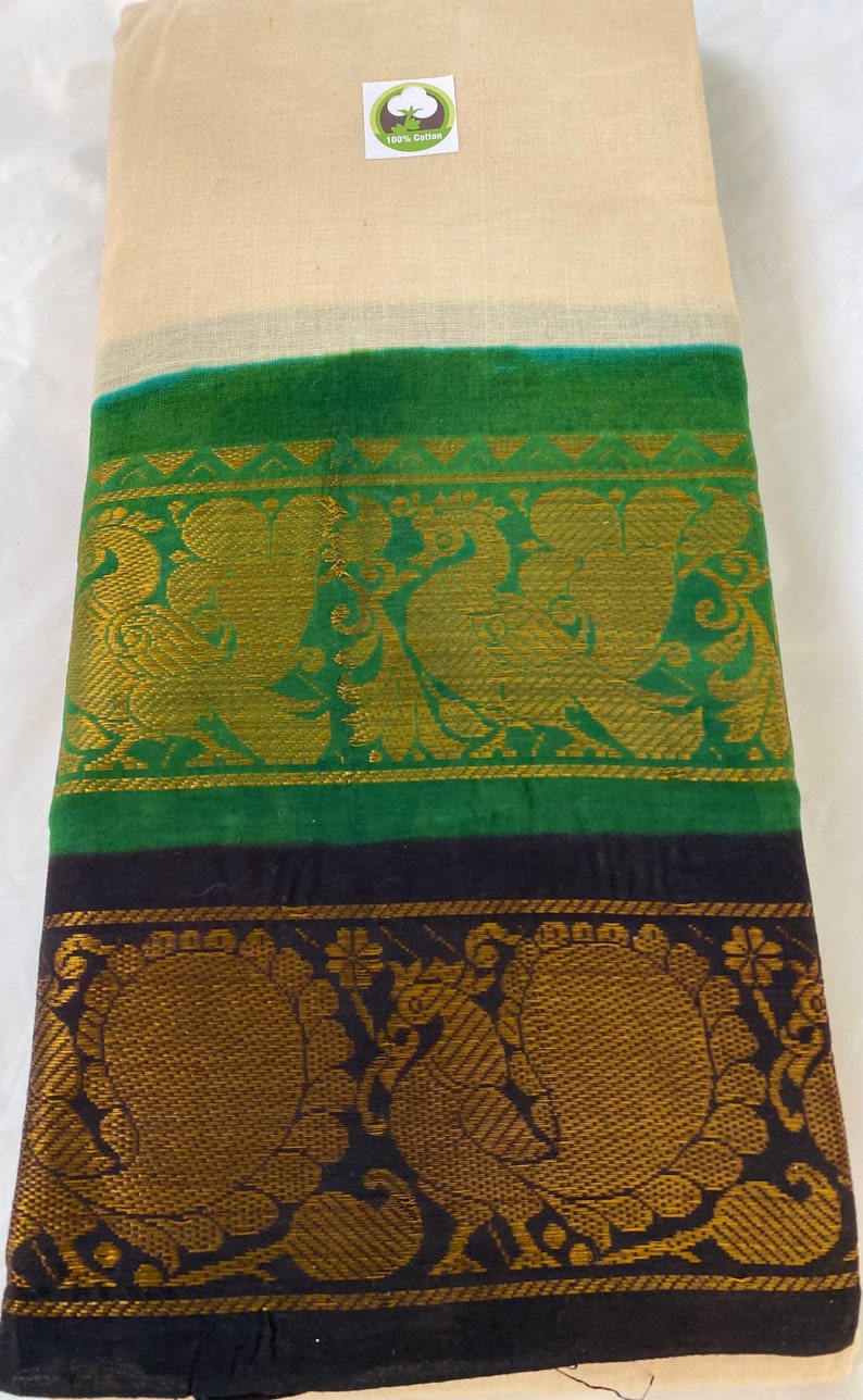 Pure Handloom Madurai Sungudi Cotton Double Border Saree in Cream Body w/Green & Black Gold Zari BorderFestive Party WearSouth Indian Sari image 6