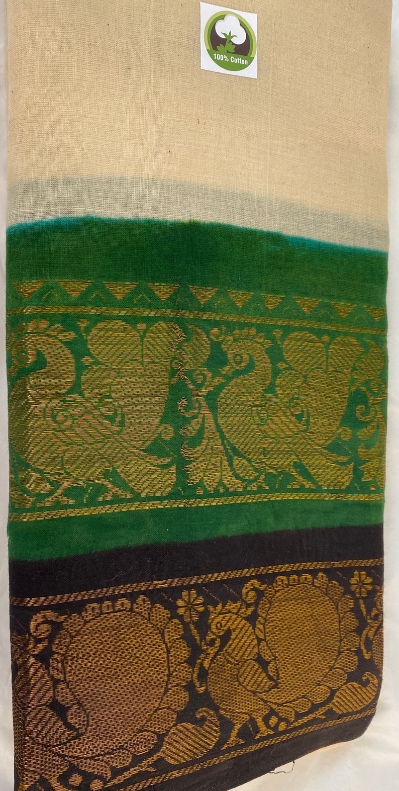 Pure Handloom Madurai Sungudi Cotton Double Border Saree in Cream Body w/Green & Black Gold Zari BorderFestive Party WearSouth Indian Sari image 9