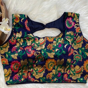 Multiple Colours Readymade Banarasi Minakari Brocade Sleeveless Saree Blouse With Gold & Multicolor Floral Motifs