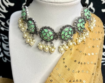 Oxidized German Silver Choker Set With Light Green Colour Stones |Necklace Set|Traditional Partywear Jewelry |Indian Ethnic Jewellery