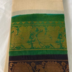 Pure Handloom Madurai Sungudi Cotton Double Border Saree in Cream Body w/Green & Black Gold Zari BorderFestive Party WearSouth Indian Sari image 10