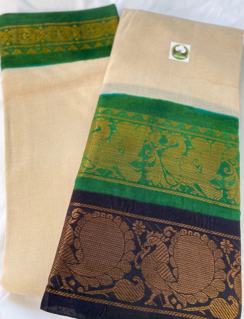 Pure Handloom Madurai Sungudi Cotton Double Border Saree in Cream Body w/Green & Black Gold Zari BorderFestive Party WearSouth Indian Sari image 1