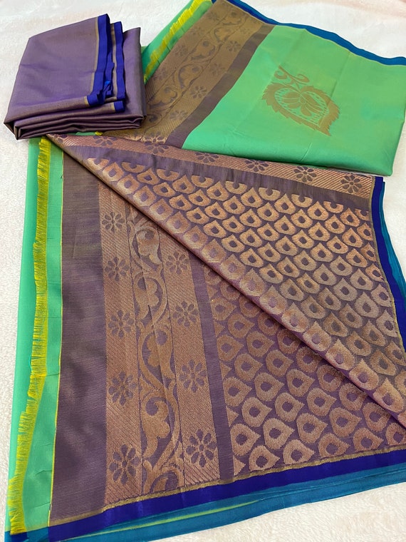 Sea Green & Lavender Combo Soft Elampillai Blended Silk Saree With Contrast  Pallu With Copper Zari Buttas Festive Sarees 