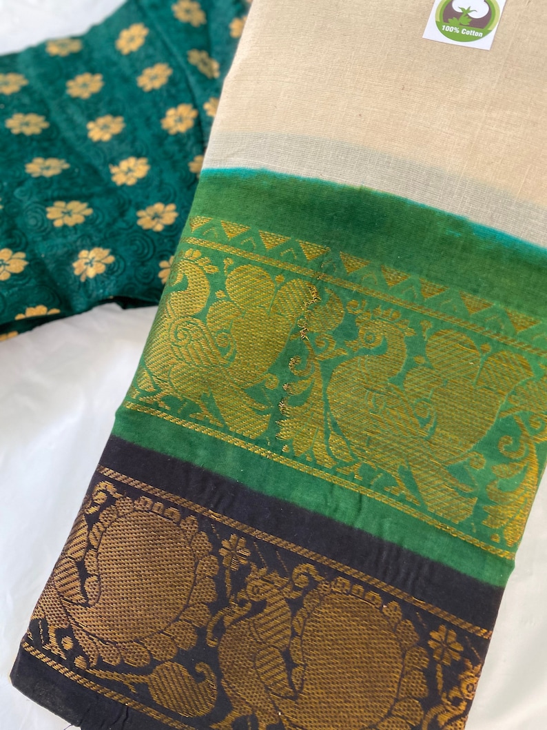 Pure Handloom Madurai Sungudi Cotton Double Border Saree in Cream Body w/Green & Black Gold Zari BorderFestive Party WearSouth Indian Sari image 5