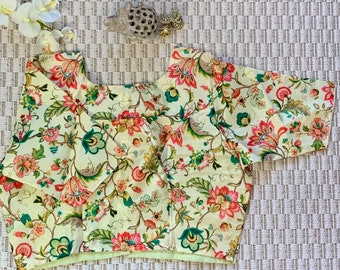 Silk Cotton Readymade Saree Blouse With Floral Digital Print In Pastel Yellow | Indian Ethnic Wear| Partywear| Designer Choli| Sari Croptop