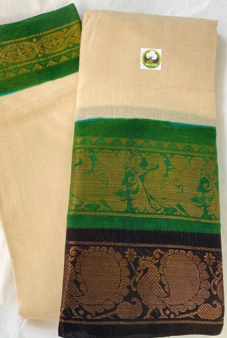 Pure Handloom Madurai Sungudi Cotton Double Border Saree in Cream Body w/Green & Black Gold Zari BorderFestive Party WearSouth Indian Sari image 4