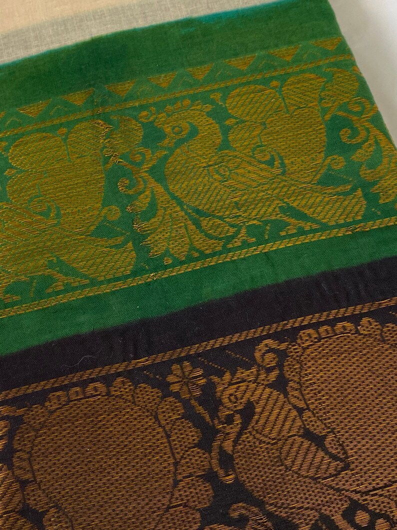 Pure Handloom Madurai Sungudi Cotton Double Border Saree in Cream Body w/Green & Black Gold Zari BorderFestive Party WearSouth Indian Sari image 7