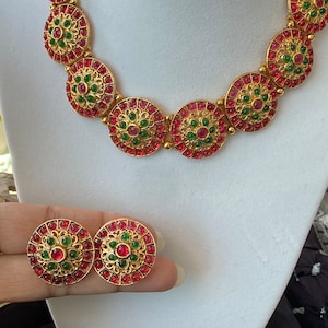 Traditional Kemp Jewelry, South Indian Kempu Jewellery Fancy Necklace Set With Earrings In Red & Green With Gold Finish
