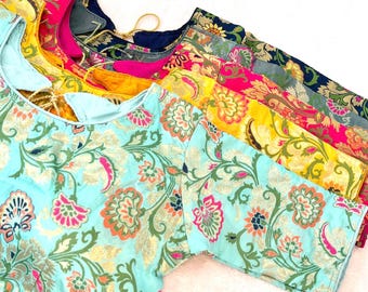 Camicette per sari pronte da indossare in broccato Banarasi Minakari multicolore con motivi floreali dorati e multicolore