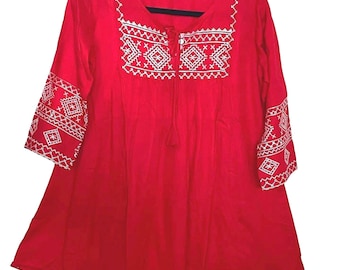 Women's Short Kurti | Ajrakh Digital Print | 3/4 Sleeve Ethnic Top