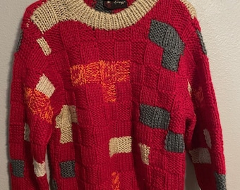 VTG Shangyi セーター ユニセックス ミディアム レッド チャンキーニット 幾何学模様 ドーパミン 90年代 READ