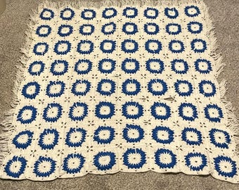 Vintage Handmade Crochet Afghan Throw Blue White Granny Square Fringe 44x44 READ