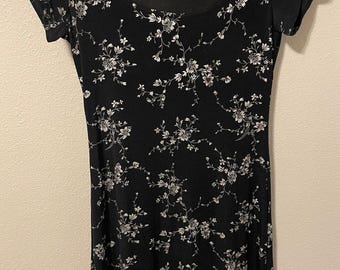 Vintage All That Jazz Dress Womens Small Black Floral Stretch Mini Boho 90s