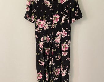 Vintage damesjumpsuit maat 8 zwarte bloemen wijde pijpen romantische Cottagecore jaren 90