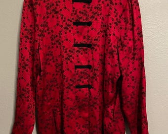 Vintage Womens Tunic Medium Red Floral Satin Mandarin Collar Asian Inspired 90s