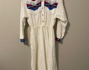 Vintage Sasa Dress Womens Medium White Fringe Western Southwest Maxi 90s FLAW