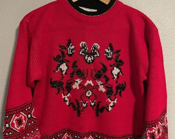 Vintage Pullover Damen klein Rot Fair Isle Nordisch Pullover Grannycore 90s