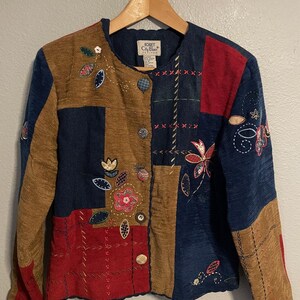 Vintage Koret Damjacka Petite Medium Patchwork Broderad Konstnärlig Galen 90-tal