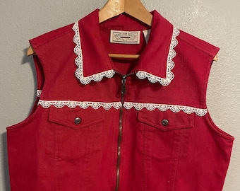 Gilet VTG Rhythm blu da donna, taglia M, in denim rosso con pizzo, stile western boho artistico anni '90.