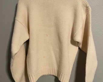 Maglione vintage da donna Eddie Bauer, taglia L, bianco, in lana, con bottoni sulle spalle, anni '90, difetto.