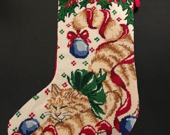 Vintage handgjord nålspets julstrumpa HOPKINS personlig kattsammet