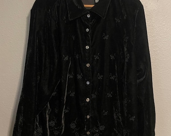 VTG White Stag Button Up Women 14W 16W Black Velvet Floral Tunic Embroidered 90s