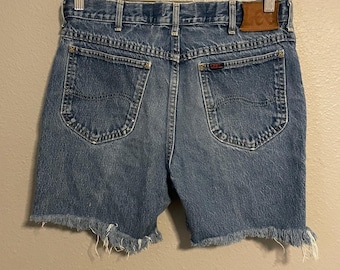 Pantalones cortos vaqueros VTG Lee para mujer, talla 34, estilo bermuda con bajo deshilachado y entrepierna de 7 pulgadas, estilo verano de los 90.