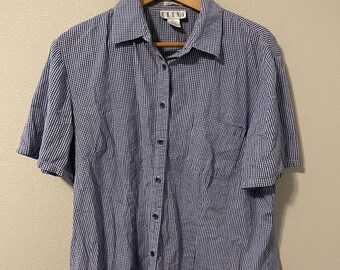 Vintage Erena Womens Top Large Blue Gingham Short Sleeve Cottagecore Summer 90s