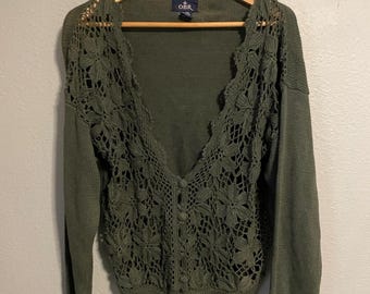 Vintage Womens Cardigan Large Green Floral Crochet Fairy Cottagecore Boho 90s