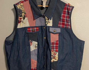 Vintage Koret City Blues Vest Womens 30W Denim Patchwork Patriotic Floral 90s