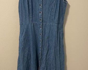 VTG Faded Glory Dress Womens 16 Denim Sleeveless Maxi Button Up Cottagecore 90s