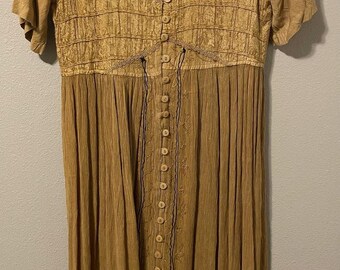 Vintage M.P.H. Dress Womens Medium Mustard Yellow Embroidered Button Up Boho 90s