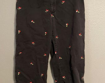 Pantaloni Casablanca vintage da donna, taglia 10, neri, con ricami a ciliegia, capri anni '90. LEGGI
