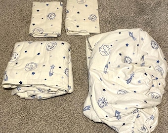 Vintage Sears Queen Lakanset Vit Flanell Månen Stjärna Solen Himmelsk 90-tals LÄS