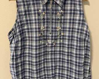Vintage Fashion Bug Top Womens 18/20W Blue Plaid Zip Floral Embroidered Y2K