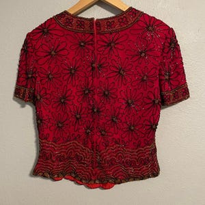 Vintage Adrianna Papell Womens Top Medium Red Floral Silk Beaded Whimsigoth 90s image 5