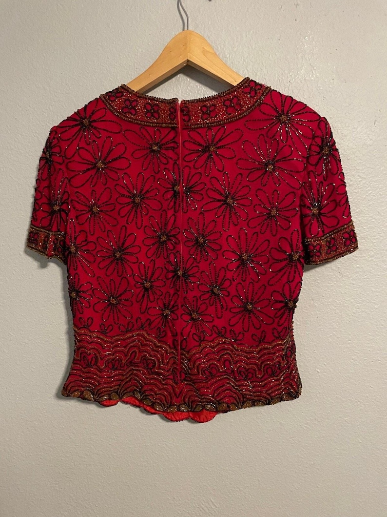 Vintage Adrianna Papell Womens Top Medium Red Floral Silk Beaded Whimsigoth 90s image 5