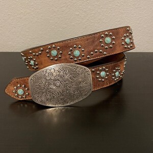 Vintage 3D Belt Co Belt Womens 34 Brown Turquoise Studded  display picture 1