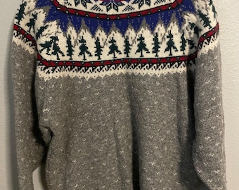 Vintage Eddie Bauer Sweater Mens Medium Gray Wool Fair Isle Snow Christmas 1992