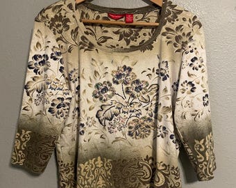 Vintage Womens Top Size XL Beige Floral Sequin 3/4 Sleeve Whimsigoth Fairy Y2K