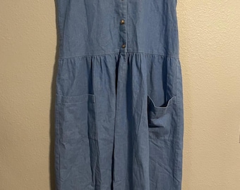 Vintage Pams Closet Dress Womens Small Blue Chambray Button Front Midi Prairie